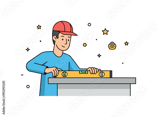 A handyman using a level to ensure a countertop is perfectly straight, emphasizing attention to detail, precision, and proper installation