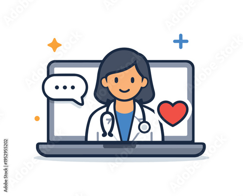 Telemedicine consultation illustrated by a laptop showing a video call with a medical professional and a small heart icon, expressing personal care,