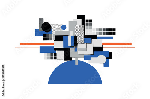 Black and white image of mood board with fabric swatches and color chips arranged symmetrically, oversized blue semicircle grounding composition like creative