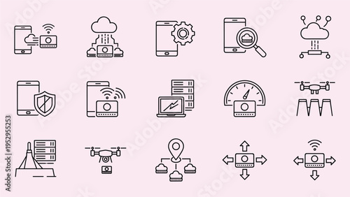 Technology vector icons set for cloud computing mobile devices cybersecurity and networkingTechnology vector icons set for cloud computing mobile devices cybersecurity and networking