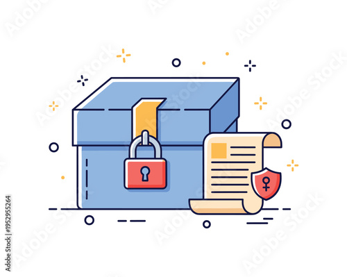 Archival preservation concept illustrated through a closed archival box with a secure lock and a delicate scroll inside, symbolizing protection of historical