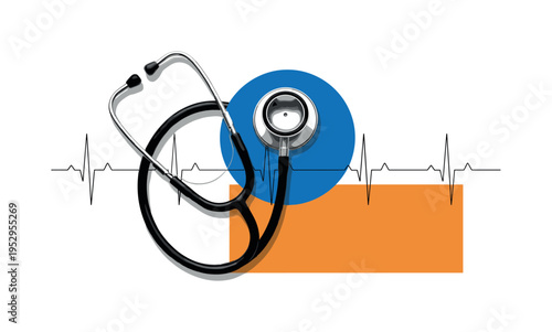 Black and white stethoscope enlarged dramatically in composition, large blue circle intersecting tubing loop, orange rectangular block grounding lower frame,
