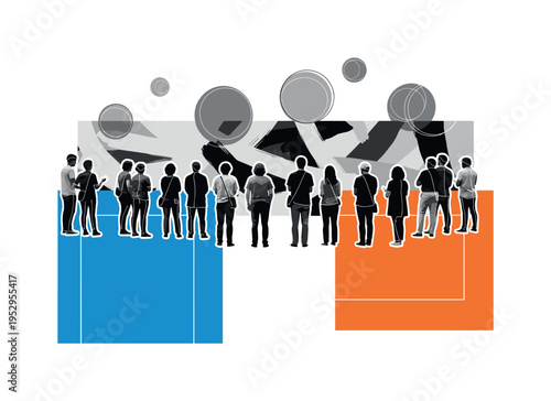 Black and white crowd observing a mural painting event, abstract circular forms floating above like shared ideas, vivid blue and bright orange flat geometric