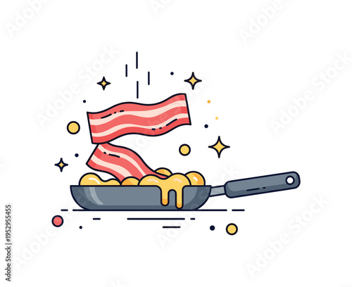 Bacon cooking in a skillet with melting fat pooling around, small decorative stars highlighting sizzling action, aroma, and breakfast preparation scene.