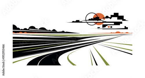 Black and white open grassland stretching to horizon, abstract linear elements emphasizing wind direction, circular sun partially hidden behind geometric cloud