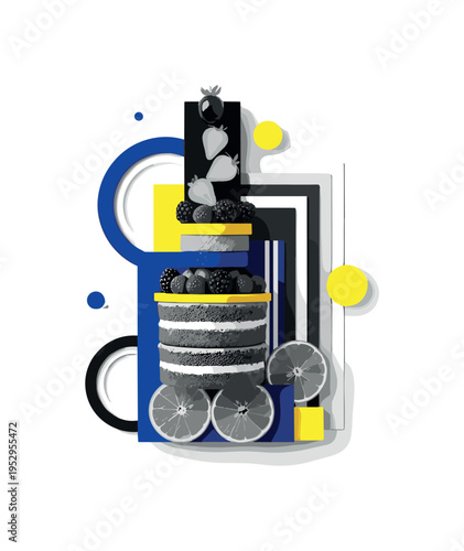 Black and white dessert arrangement with layered cake and fruits stacked vertically, structured rectangular blocks and concentric rings reinforcing richness,