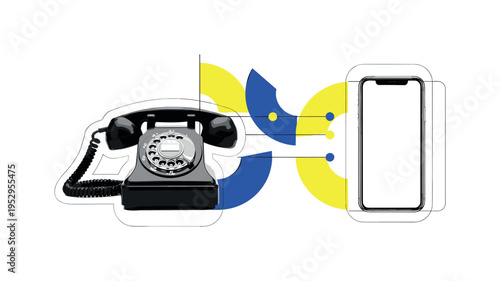 Black and white retro rotary phone morphing into abstract data lines, surrounded by yellow circular accents and thin diagonal system lines, symbolic arrows and