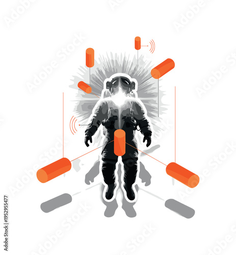Black and white cosmonaut floating in zero gravity, overlaid with orange geometric cylinders and thin vertical signal lines suggesting communication,