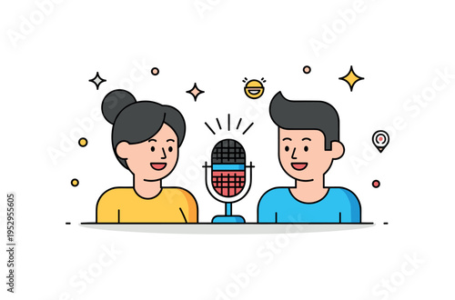 Friends chatting comedy podcast scene featuring a shared microphone between two simplified characters with cheerful expressions, symbolizing casual humor and