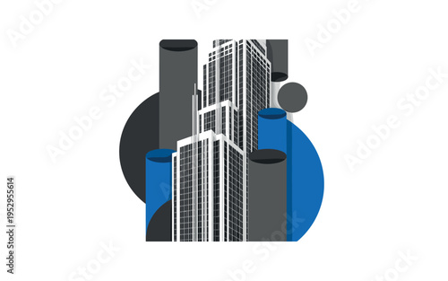 A monochrome high-rise building cropped vertically, intersected by large abstract cylinders and semicircles symbolizing growth and scale, thin vertical lines