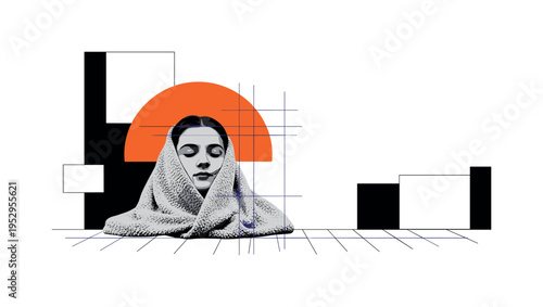 Vintage black and white portrait silhouettes arranged in grid without hierarchy, bold blue vertical rectangle slicing composition to emphasize equality, thin