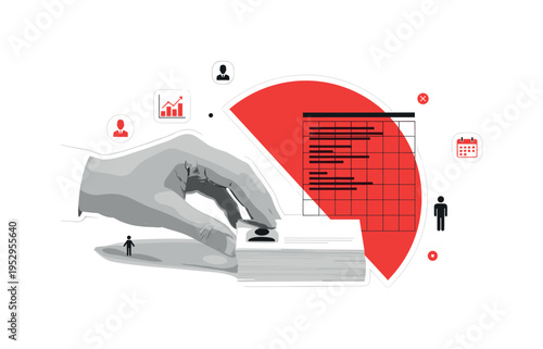 A monochrome human hand stacking paper contact cards, intersected by a large red semicircle and structured grid lines representing organized data, floating