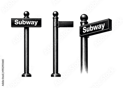 Subway entrance pole-mounted sign with vertical support and horizontal sign plate, represented as one realistic sign structure displayed in three views