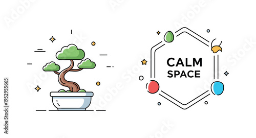 Small bonsai or potted trees for the home or office modern shelf styling theme centered on a small potted tree placed on a simple floating shelf line. A