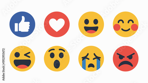 emoji set with different reactions for social network, modern emoticons collection, flat style design icons, happy sad angry love expressions, communication and chat symbols