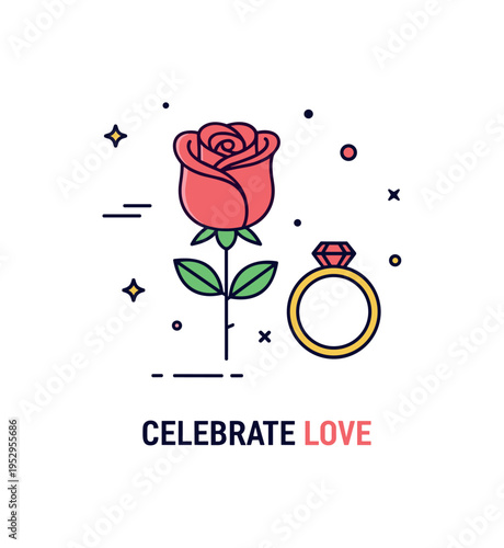 Rose anniversary symbol centered on a single blossom paired with a simple ring icon nearby. A compact ?Celebrate Love? label reinforces commitment, tenderness