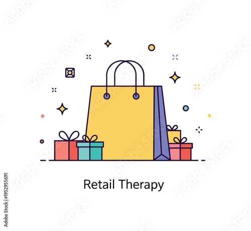 Shopping spree joyful retail moment with a single oversized shopping bag at the center and small colorful boxes peeking out, tiny sparkles around it expressing