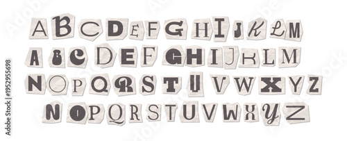 Ransom note alphabet vector set. Anonymous letters cut out from crumpled newspaper and magazine paper. Grunge anonymous text font isolated on white background. Punk typography collage elements.