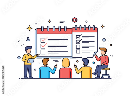 Project planning discussion team gathered around a large calendar and checklist board, subtle check marks emphasizing progress and alignment. A clean editorial