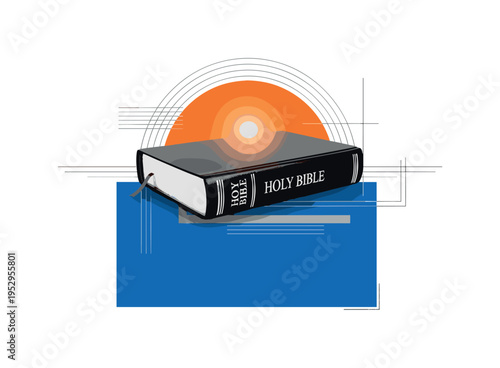 Black and white dramatic side view of closed Holy Bible with textured cover, large cobalt blue rectangle echoing stability and foundation, orange semicircle