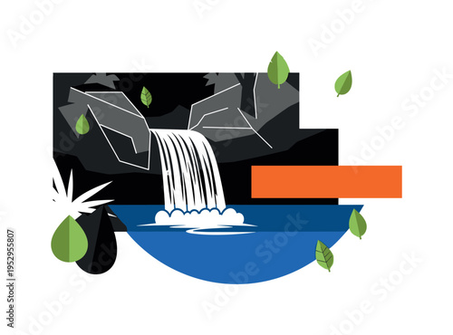 Black and white waterfall cascading through abstract jungle forms, strong cobalt blue semicircle forming base water shape, sharp orange rectangular accent