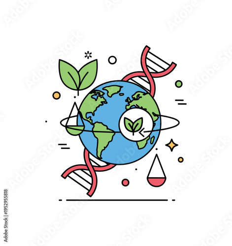 Sustainable future genetics illustration with a globe encircled by a DNA strand and leaf icons expressing long term ecological balance and stewardship.