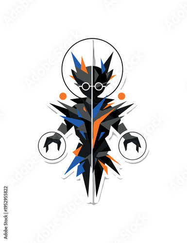 Black and white trickster figure split into mirrored halves, angular shards and circular halos symbolizing duality, electric blue and vivid orange flat