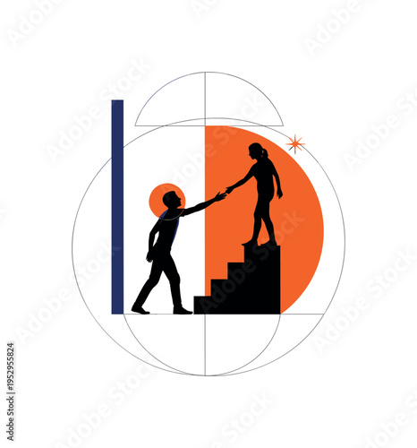 Black and white silhouette pulling another person up a small abstract step, bright orange semicircle positioned behind the elevated figure, thin navy vertical