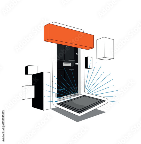 Black and white vintage doorway scene with mat lifted high, bold orange rectangular block hovering above like graphic accent, thin blue radial lines exploding