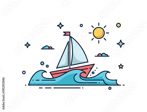 Ocean adventure small sailboat cutting through stylized waves with a bright sun accent above, conveying freedom and open horizons. A fresh visual metaphor for