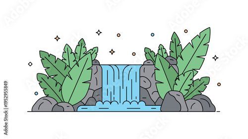 Tropical jungle waterfall scene with a smooth flowing cascade between simplified rocks and dense leaf shapes. The composition communicates freshness, movement,