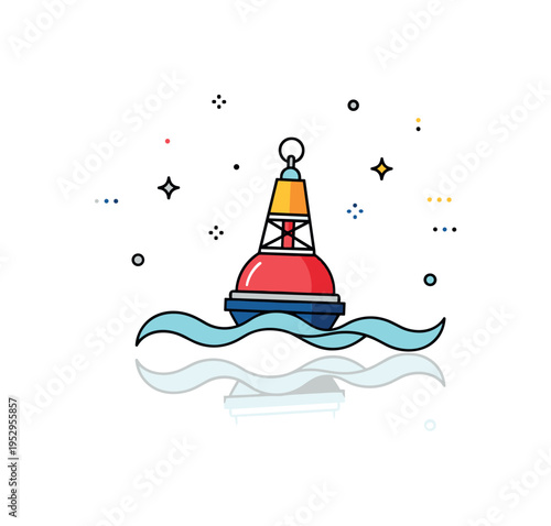 Buoy floating bright maritime buoy gently bobbing on stylized wave lines with a small reflection beneath. A calm and balanced concept about stability and