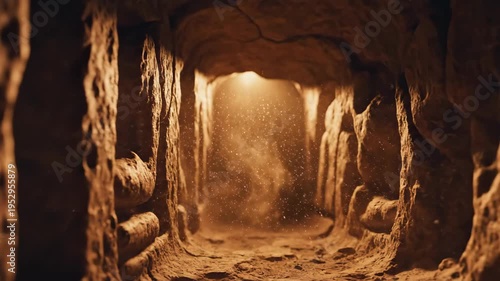 Underground cave tunnel with glowing light and floating dust particles for adventure and exploration content
