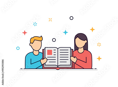 Community scripture sharing concept featuring two simplified figures beside an open book, expressing discussion, fellowship, and shared faith experience. The