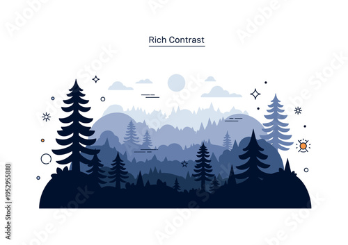 HDR photography forest depth illustration with tall tree silhouettes and layered tonal bands in the sky, expressing enhanced contrast and preserved detail