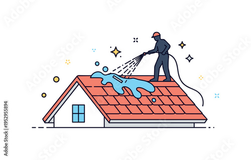 Roof cleaning and maintenance service visualized by a worker silhouette spraying water across roof tiles with a hose, symbolizing care and property upkeep.
