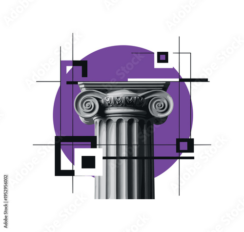 Oversized monochrome column fragment cropped dramatically at the edges, framed by a bold purple circular shape and intersected by thin black grid lines,