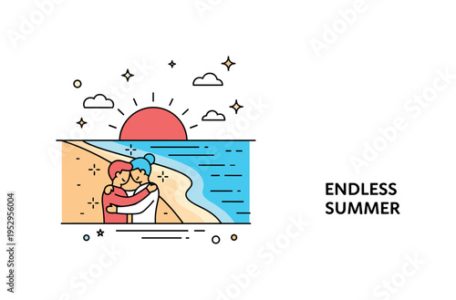 Beach sunset embrace showing two figures close together near a curved shoreline as the sun sets over the sea. Subtle sparkle accents and a compact ?Endless