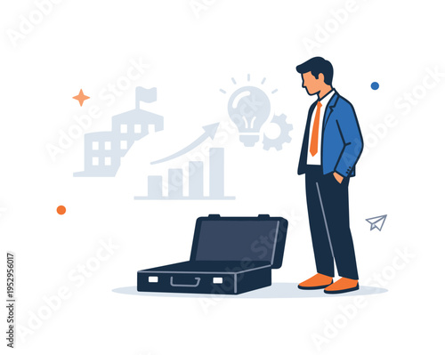 Post-exit identity crisis explored through a solitary figure standing beside an empty briefcase while former company symbols fade into the background. A quiet