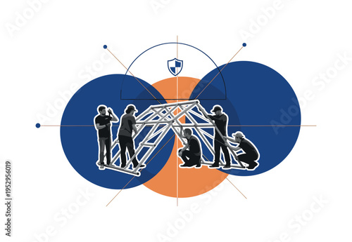 Black and white realistic volunteers assembling a temporary shelter frame, cut-out effect with white outline around the figures and structure, layered over