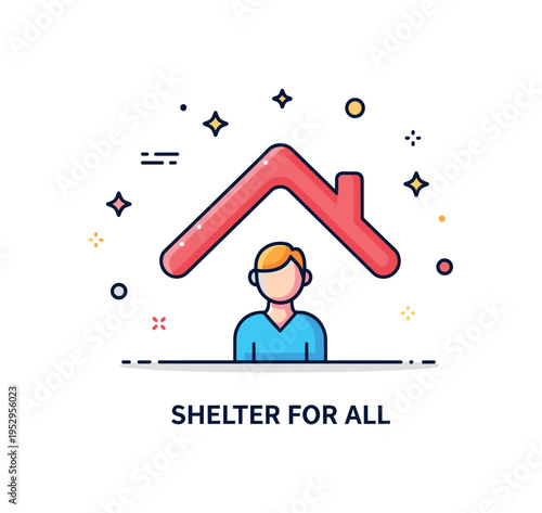 Right to housing homelessness prevention concept featuring a simple roof shape forming shelter above a small human figure, symbolizing protection and policy