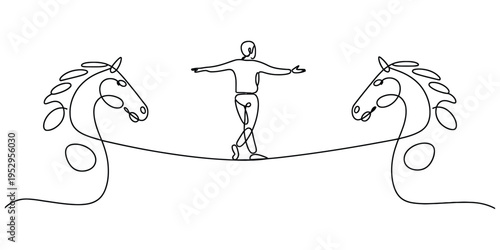 Minimalist One Line Art of Man Balancing on Tightrope Between Horses
