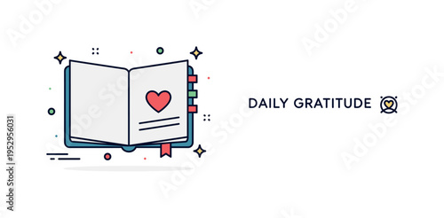 Gratitude journal theme showing an open page with a small heart icon drawn inside. Subtle decorative dots and a short ?Daily Gratitude? text accent communicate