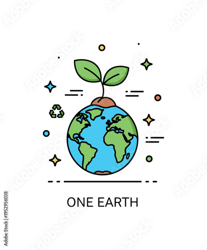 Seed sprouting environmental awareness badge showing a small green sprout rising from a stylized earth shape, expressing sustainability and global