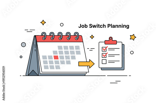Job switch planning concept with a calendar page paired with a small checklist and arrow icon. The composition emphasizes structured planning and thoughtful