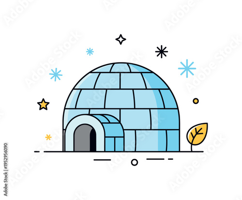 Climate conscious winter building scene showing a neat igloo structure with a simple entrance tunnel. Decorative snowflake accents and a small leaf icon