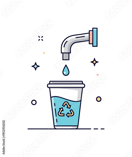 Refill culture movement reusable cup positioned beneath a simple water dispenser nozzle with subtle drop accents. A clear concept badge about refilling instead