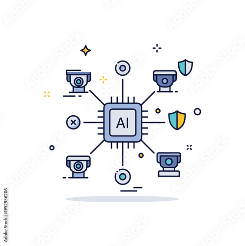 AI based monitoring system smart city infrastructure concept illustrated by simplified building icons connected to a central AI node, symbolizing traffic,