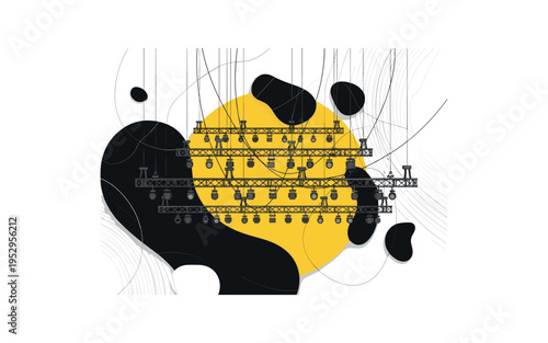 monochrome stage rigging and hanging cables composition, centered with oversized yellow circular backdrop and black abstract shapes, fine linear details