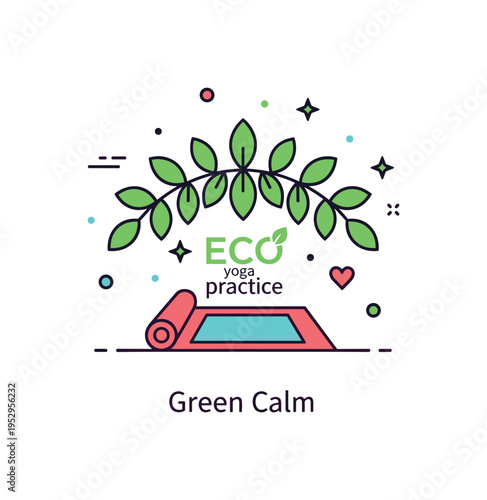 Eco yoga practice badge featuring a yoga mat placed beneath a stylized canopy of leaves. Tiny heart accent and a short ?Green Calm? caption express